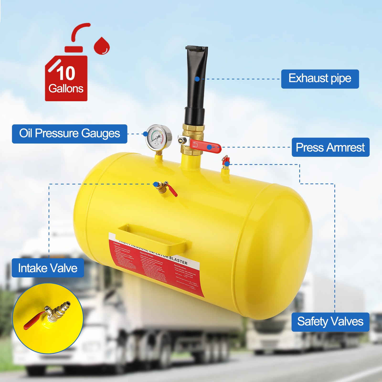 Garvee Inflador de Talones para Neumáticos 38 L Herramienta Montaje Neumáticos sin Cámara Depósito Aire para Asentar Talón de Neumático Inflador Bead Seater para Coche SUV Camión