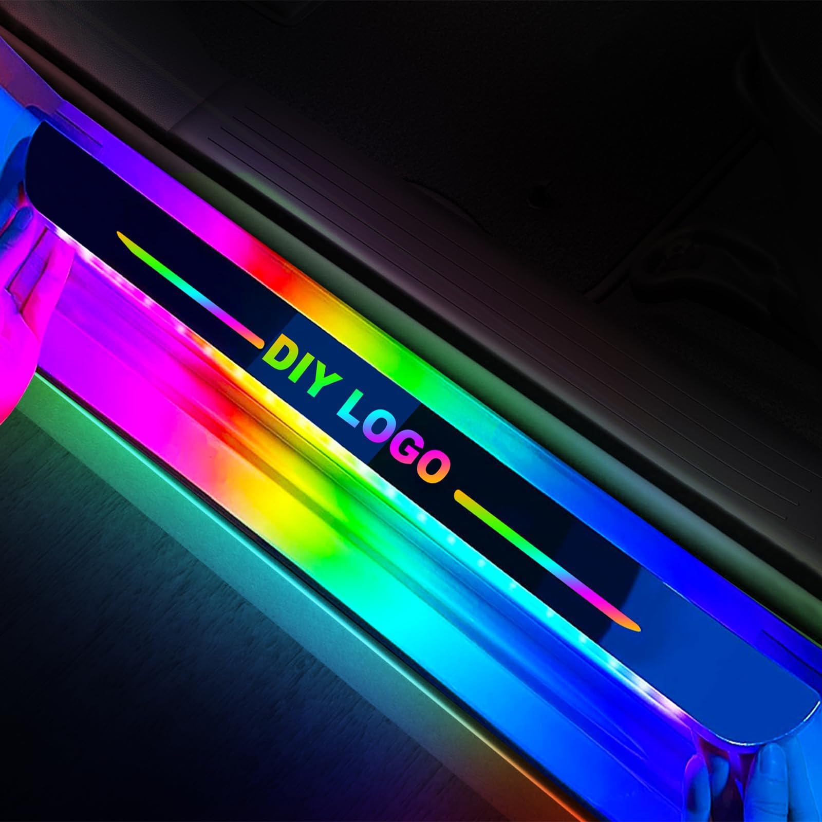 Custom Wireless LED Car Door Sill Lights, High Bright & Sensitive Colorful 7 Color 28 Modes Auto-Sensing Waterproof Car Sill Light Plate, Car LED Doorsill Lights, Pack of 2
