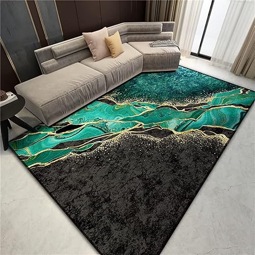 Alfombra abstracta de mármol verde esmeralda con líneas doradas modernas con pur
