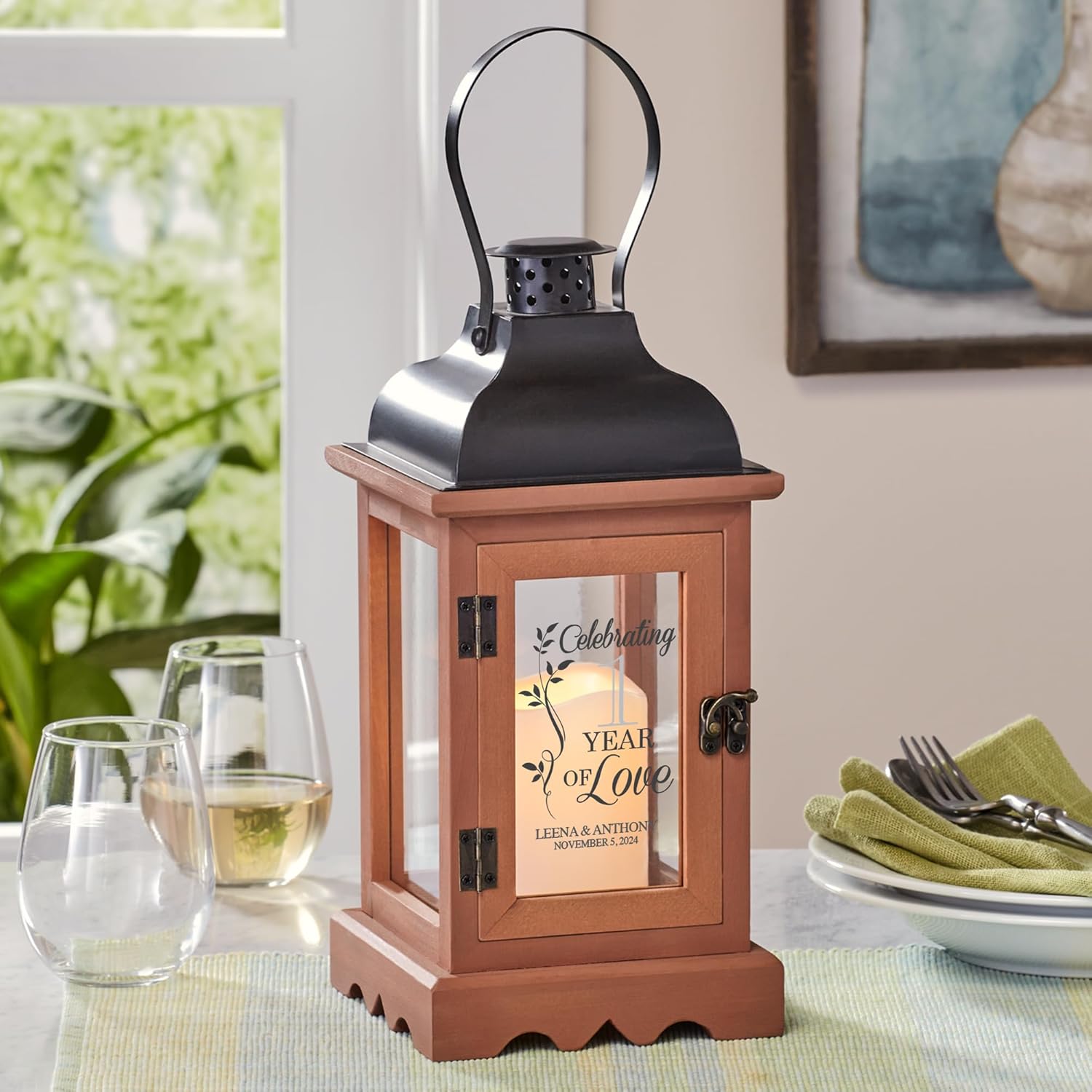 Let's Make Memories Personalized Anniversary Lantern - LED Candle - Automatic Timer - Wood/Metal - Celebration of Love - Custom Years - Gold Numbers
