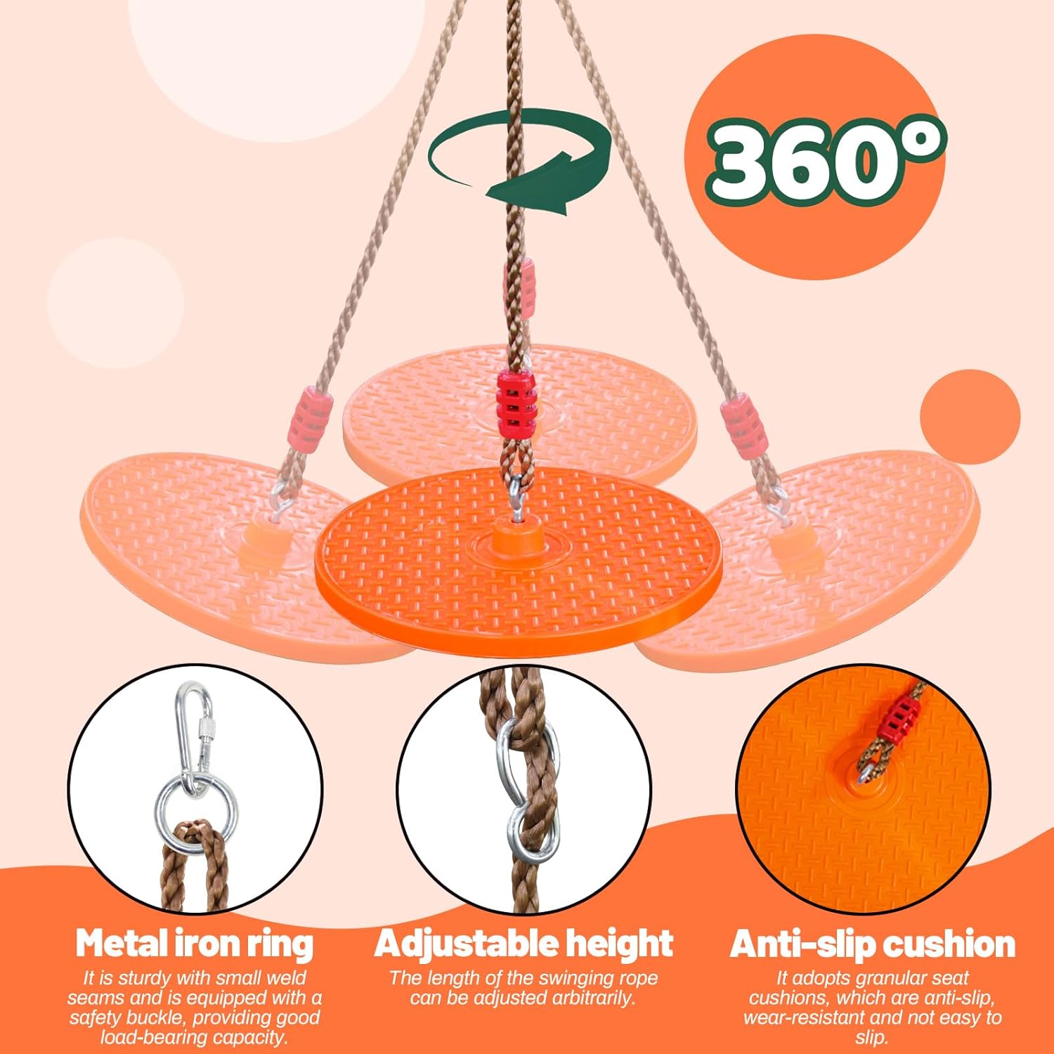 Rotating Disc Swing for Kids - 360° Swivel Seat, No Assembly, Portable Rope Swing - Indoor/Outdoor for Trees, 330lbs Capacity, Ages 3+ (Orange)