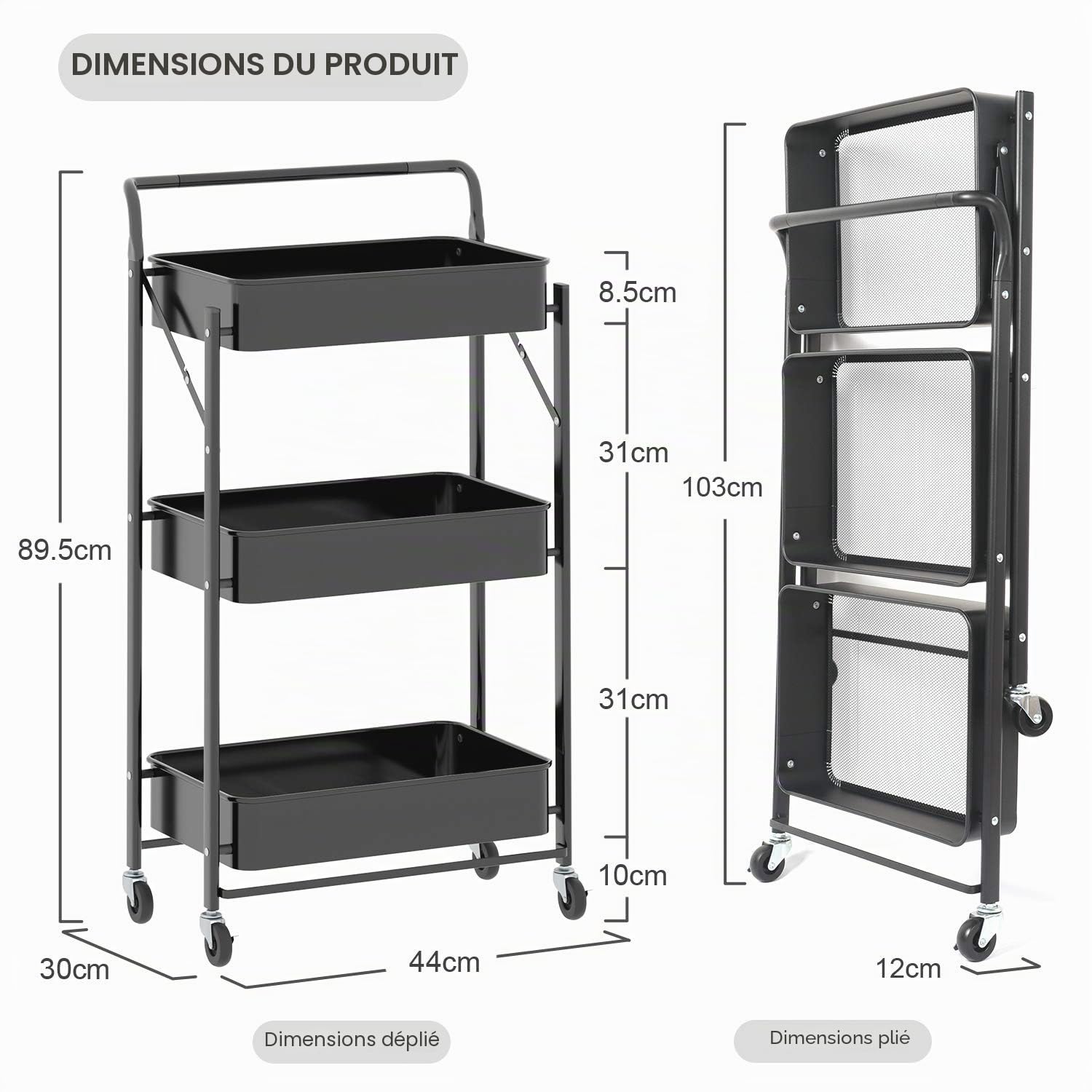 Dripex Desserte à roulettes Pliante à 3 Paniers de Rangement - Noir