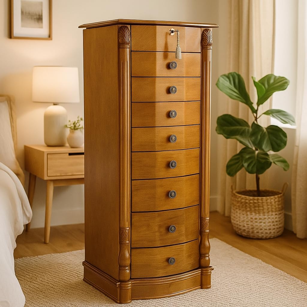 Hives and Honey Roman Locking Jewelry Armoire 8 Drawer Organizer with Mirror Side Necklace Hooks Ring Rolls and