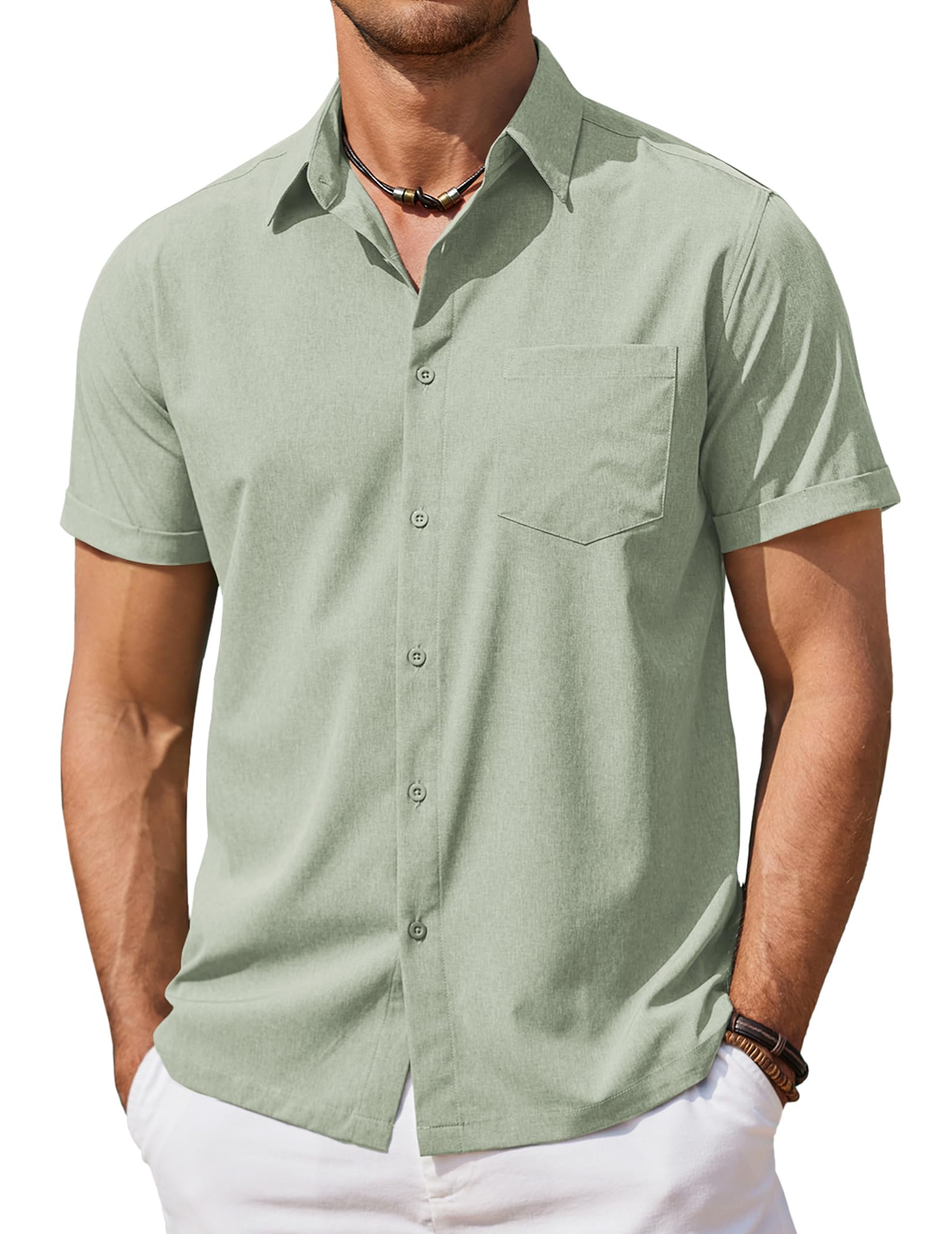 COOFANDY Mens Cool Button Down Shirt Short Sleeve Summer Beach Shirts Linen Texture Casual Shirts with Pocket