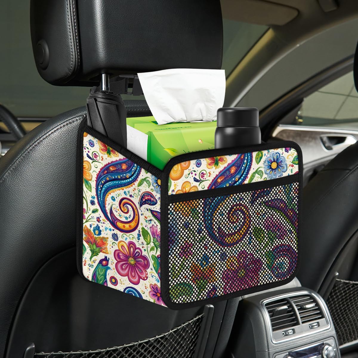 Abstract Colorful Flowers Car Seat Back Hanging Bag Multifunctional Vehicle Backseat Hanging Storage Pocket Universal Car Storage Box Organizer Accessories