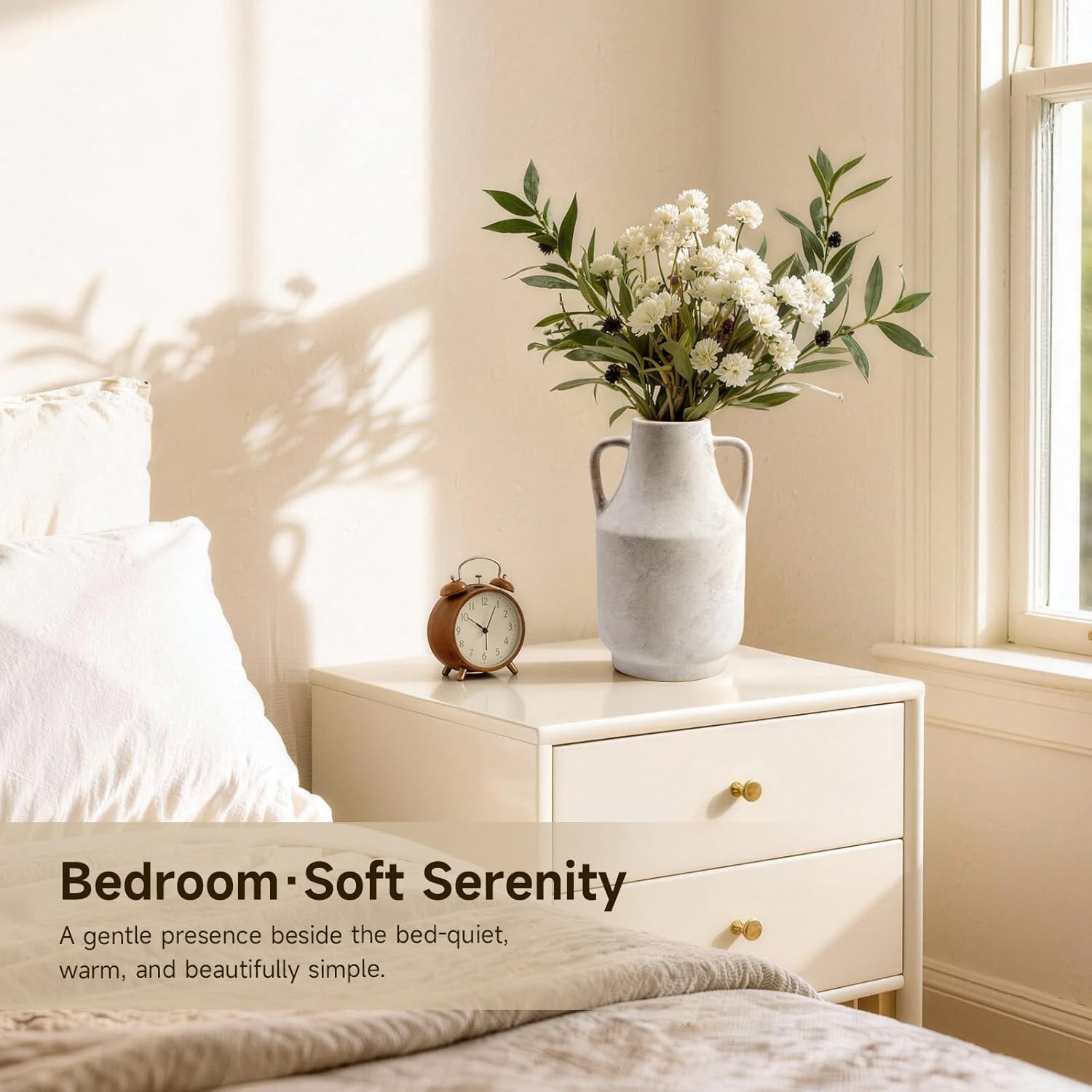 Ceramic Flower Vase with Handles – 11 Inch Tall Rustic Farmhouse Centerpiece Vase, Distressed Terracotta Style Decorative Vase, Living Room, Dining Table, Entryway & Fireplace Home Decor, White - Image 3