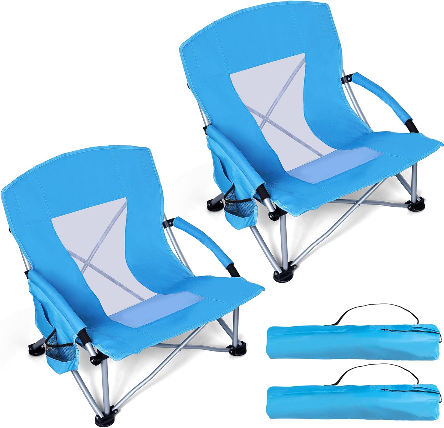 Joyfair Large Beach Chair for Adults(2 Pack), Big Outdoor Folding Camping Chairs, Heavy Duty Mid-Height Portable Chair for Fishing, Lawn, Sport, Cup Holder & Storage Pocket, Carry Bag（Blue