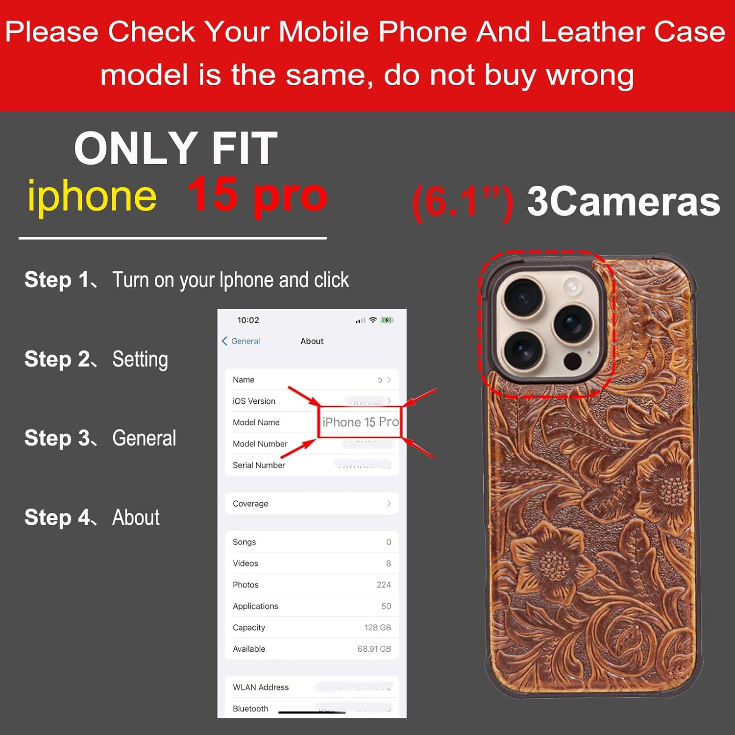 Leather Case Compatible with iPhone 15 Pro Wallet 6.1",Genuine Leather 2-in-1 Magnetic Detachable Shockproof Kickstand,Flip Folio Cover with Card Slot, RFID Blocking Dark Brown