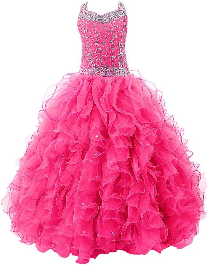 Barbibridal Girls' Crystal Body Straps Layered Ball Gown Ruffles Pageant Dresses in Stock (10, Rose red)