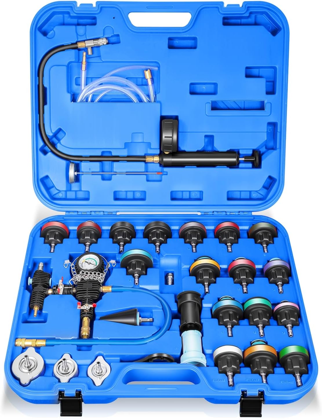 Auto Dynasty Coolant Pressure Tester Kit, 28Pcs Universal Radiator Pressure Tester Set for Cooling System, Automotive Coolant Vacuum Refill Tool Kit for Cars Motorcycles Trucks (Blue)
