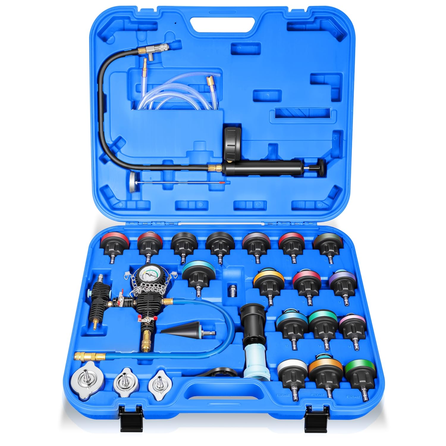 Auto Dynasty Coolant Pressure Tester Kit, 28Pcs Universal Radiator Pressure Tester Set for Cooling System, Automotive Coolant Vacuum Refill Tool Kit for Cars Motorcycles Trucks (Blue)