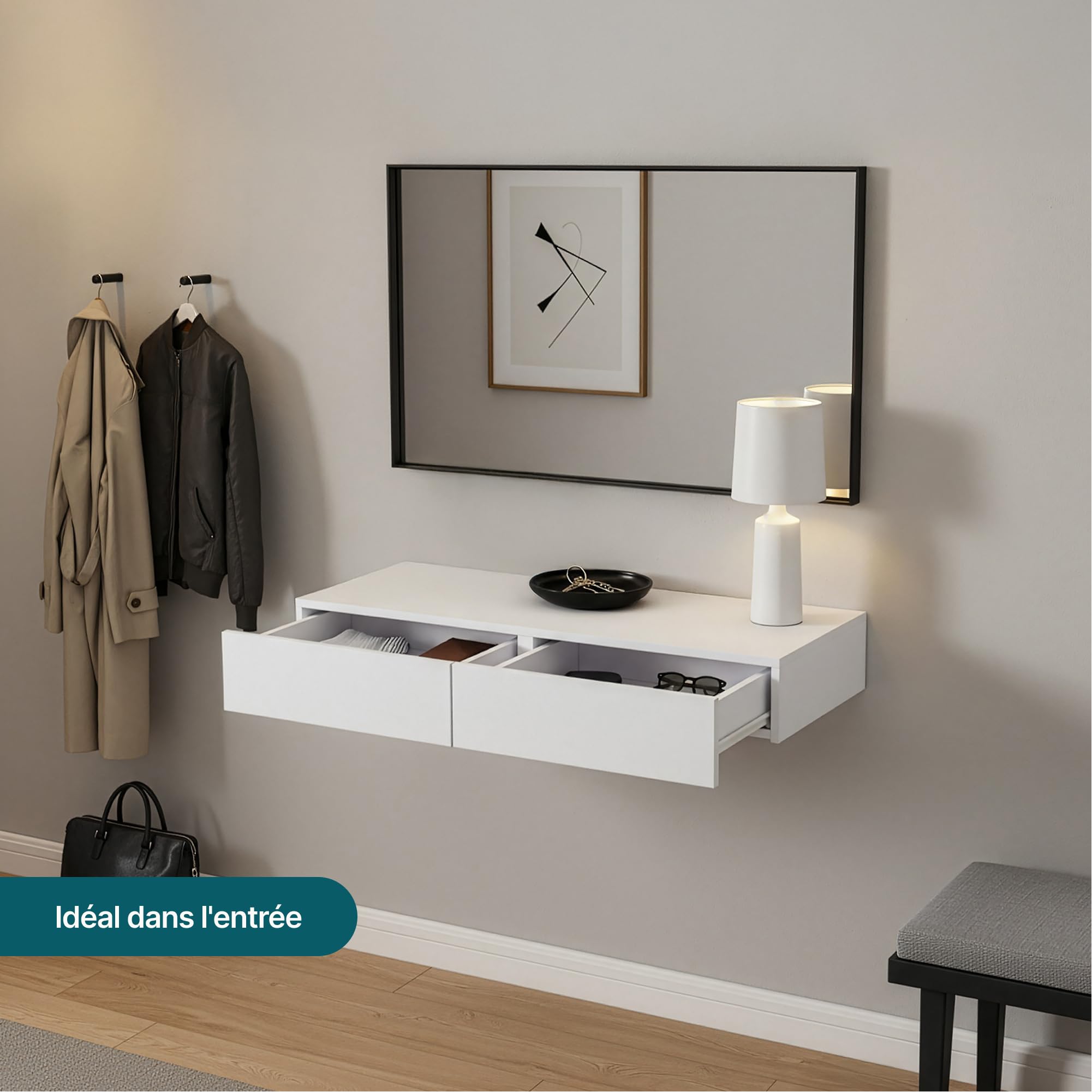 [en.casa] Étagère Murale avec 2 Tiroirs Table de Chevet Nuit Flottante Table d'Appoint Suspendue avec Espace de Rangement MDF PVC 80 x 35 x 12 cm Blanc