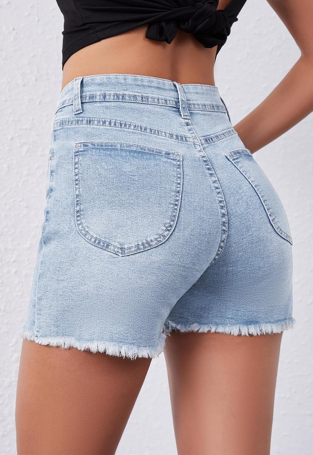 Metietila Casual Jean Shorts for Women High Rise Frayed Raw Hem Stretchy Denim Shorts with Pockets - Image 2