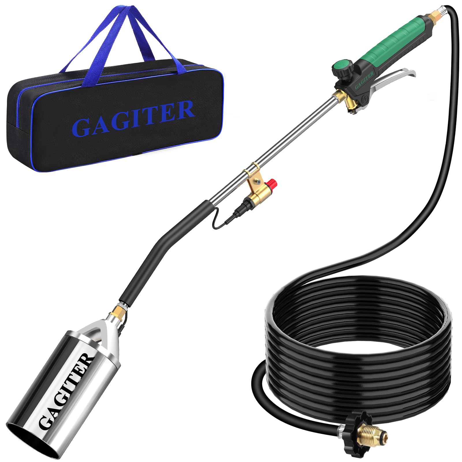 Propane Torch Weed Burner Kit, Self-Igniting Flamethrower with Turbo Trigger, 10FT Hose & Storage Bag, Heavy Duty Blow Torch for Weeding, Roofing, BBQ