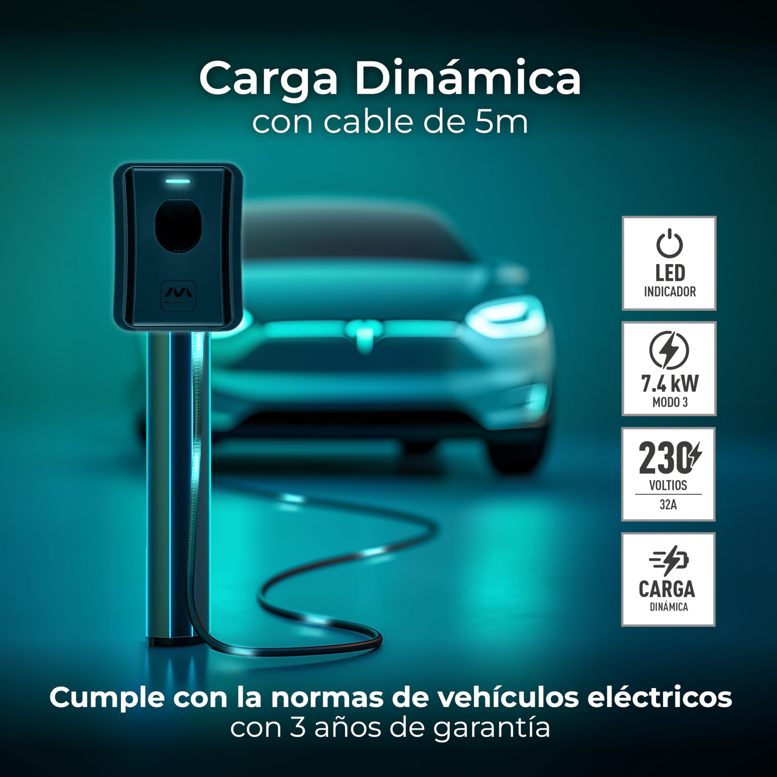 Masterplug Estación de Carga EV de Pared para Vehículos Eléctricos Tipo 2, Cargador Coche Eléctrico con Cable de 5m y Función de Fija Automático, Monofásico, Modo 3, RFID, IP65, 7.4kW, 32A, EVCM3BT7BR