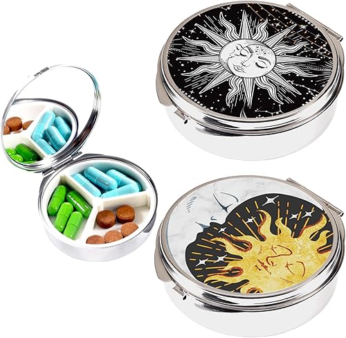 Pastillero redondo de 2 piezas, 3 compartimentos pequeños para bolsillo y bolso, lindo organizador de píldoras de metal de viaje, contenedor de