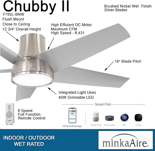 Miniatura 2 de MINKA-AIRE F782L-BNW Chubby II - Abrazadera para exteriores de 58 pulgadas con luces LED y control remoto, níquel cepillado húmedo