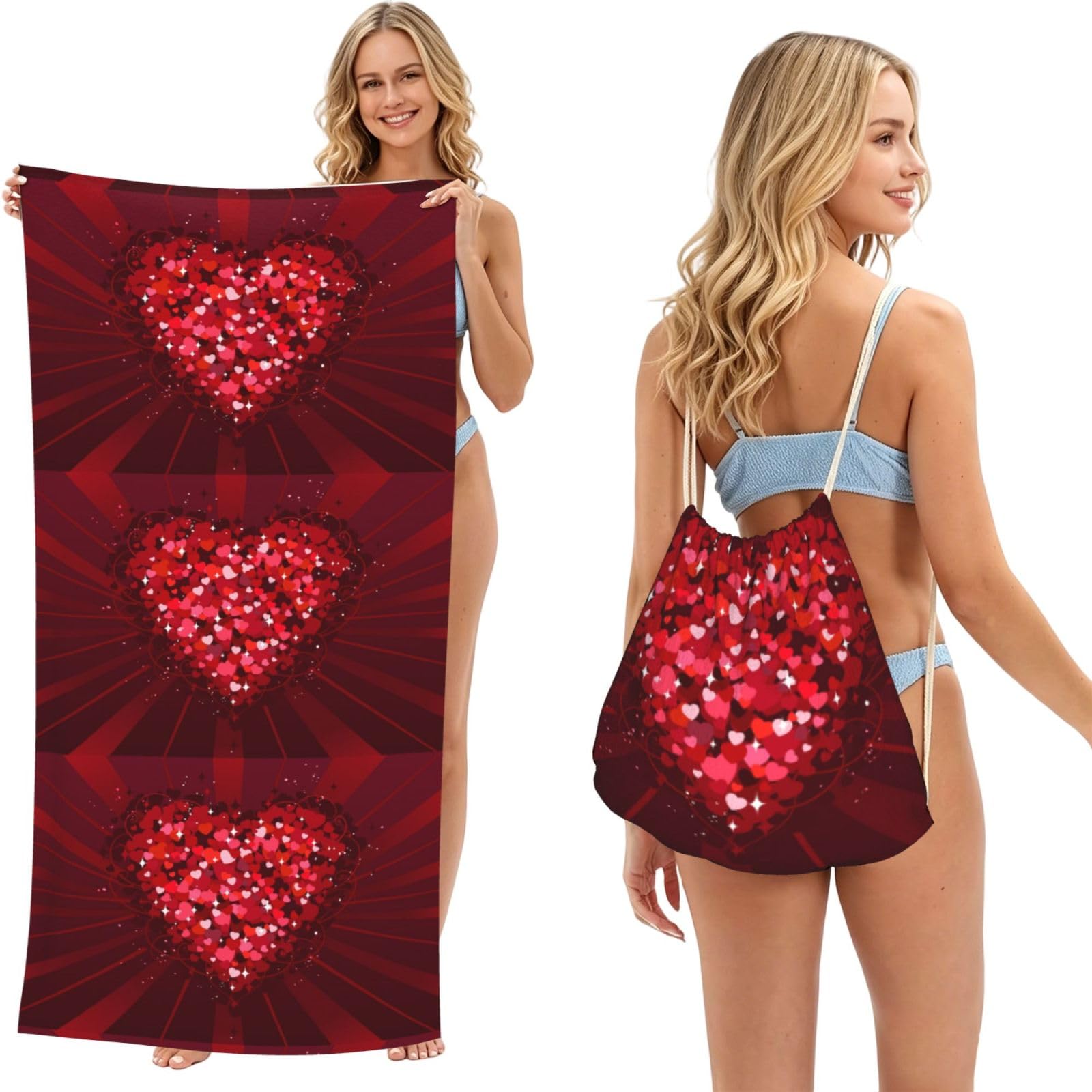 Poadnly As Picture Happy Valentine's Day, 2 In 1 Packable Towel Bag, Beach Towels With Drawstring Backpack For Travel Holiday Camping
