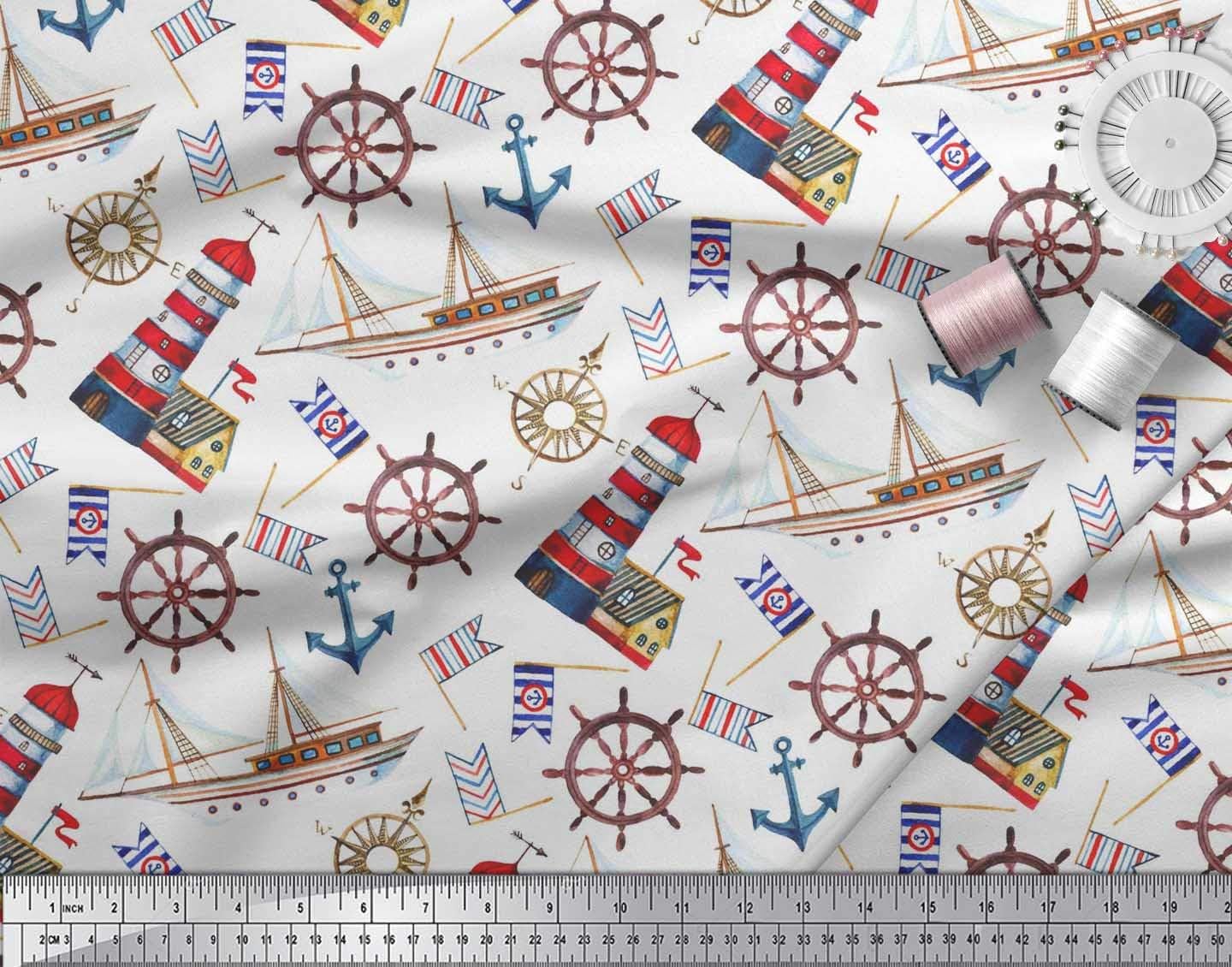 Soimoi Japan Crepe Red Fabric - by The Yard - 42 Inch Wide - Ship, Wheel & Anchor Hook Nautical Cloth - Seafaring Trio for Fashion and Decor Printed Fabric image 2