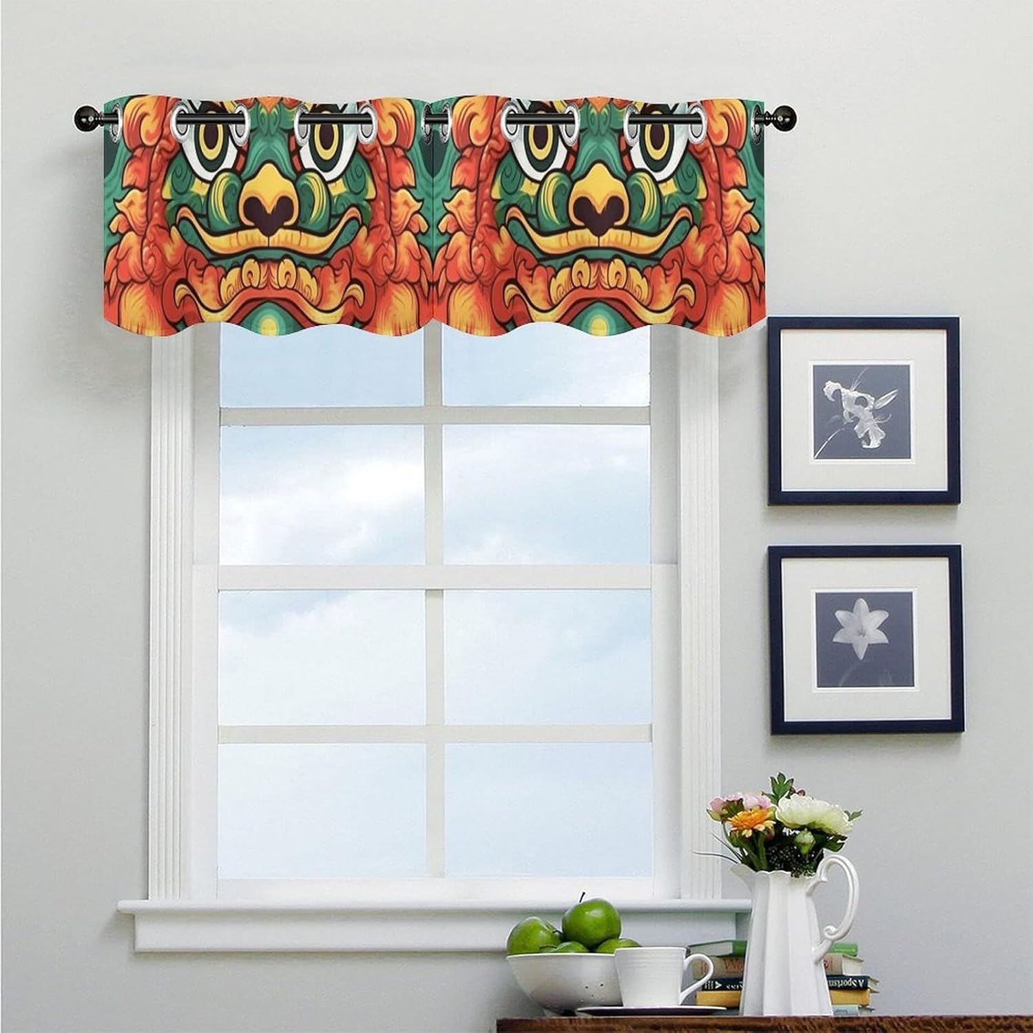 Chinese Lion New Year Valance for Windows, 2 Pack Kitchen Curtains Modern Home Decor, Soft Blackout Window Curtains for Living Room & Bedroom, 18 X 52 Inch