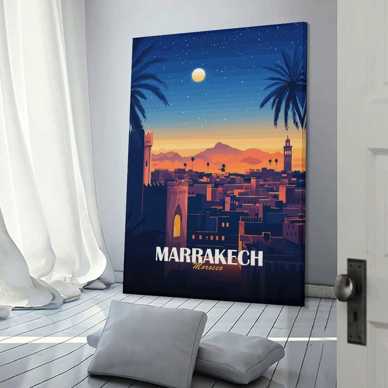 Junmoney Wall Picture Print Marrakech, Morocco Cityscape at Night, 20x30inch(50x75cm), for Living Room, Lounge Or Sitting Room, A Home Accent with Warm Character