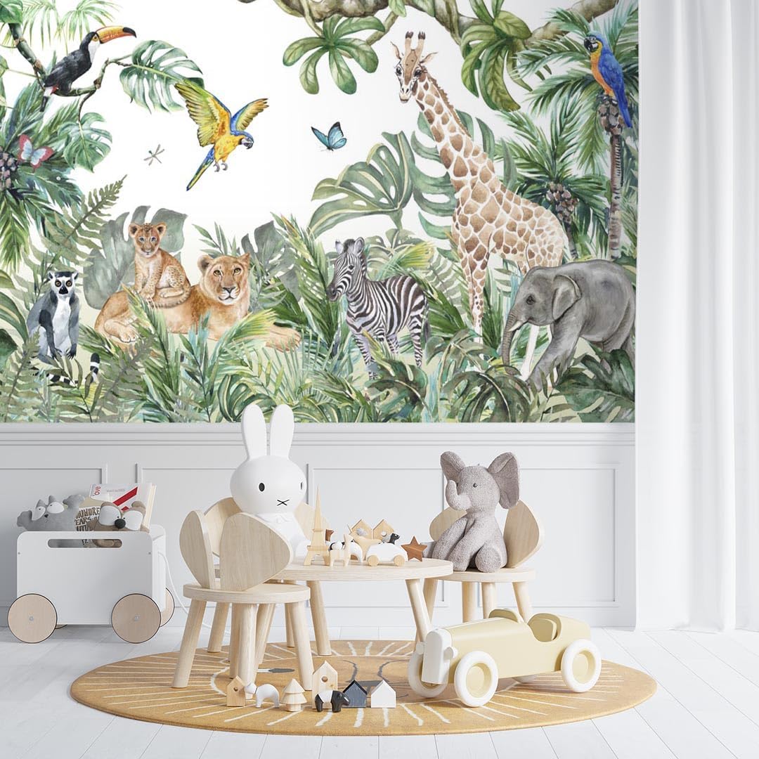 Kids Wall Mural Safari Animals Wallpaper for Children - Tropical Jungle Wall Mural - Lion Elephant Zebra Parrot Giraffe Wall Print - Kids Room Decor