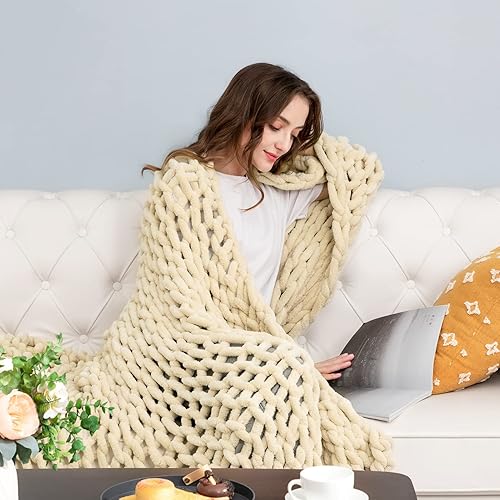 Miniatura 3 de HBlife Manta de punto grueso de 40 x 40pulgadas, súper cálida y suave, de estilo boho y crochet, de felpilla gruesa y de punto trenzado para sofá,