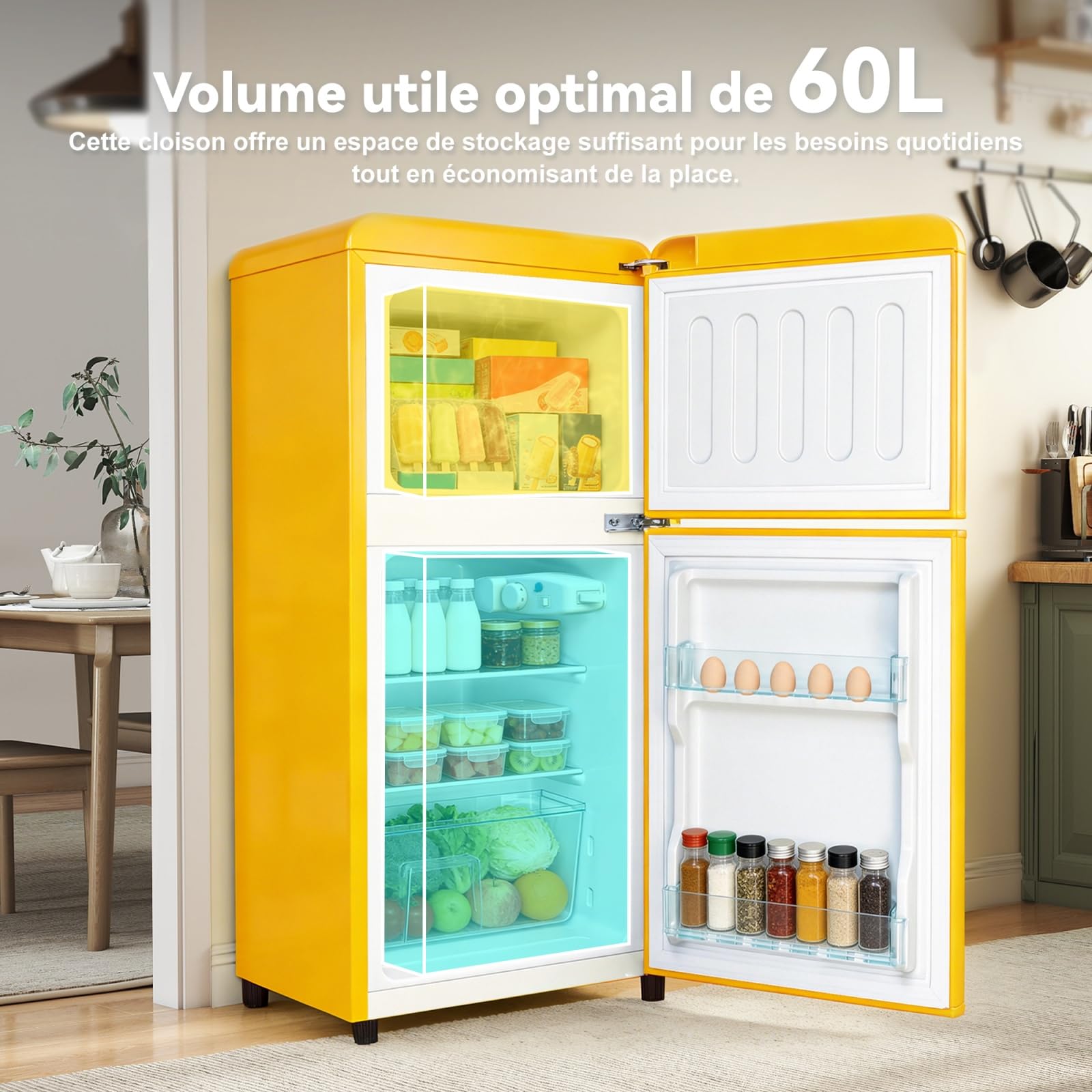 Mini Frigo Congélateur Combiné 2 Portes 60 L Compact 41 cm (Jaune) | -18°C freezer, 45 dB silencieux, 7 niveaux 0-10°C, LED, étagères réglables, pour Chambre, Bureau et Salon, 41×45×89 cm