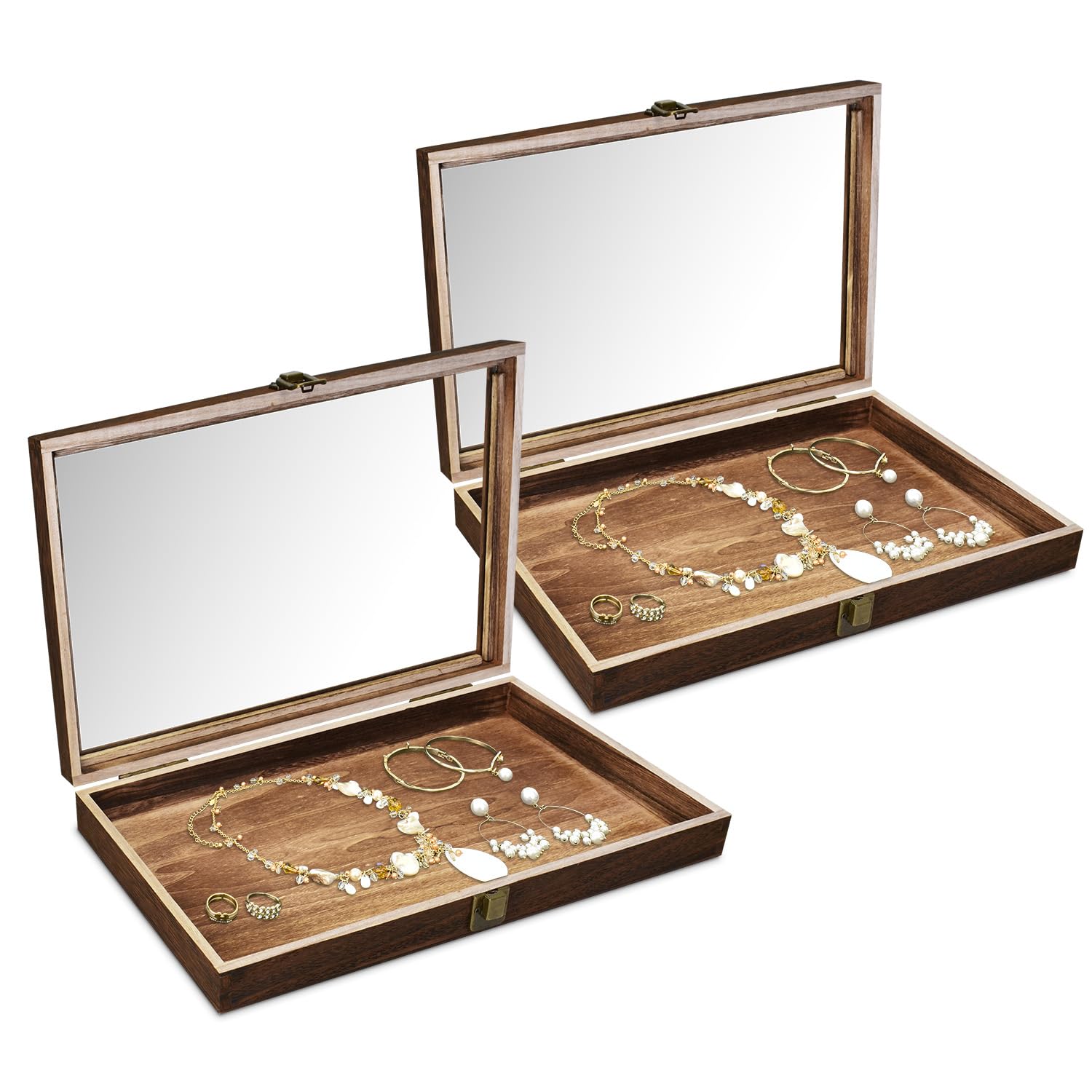 MOOCA 2 Pcs Wood Tempered Glass Top Jewelry Display Case Accessories Storage Box with Metal Clasp, Wooden Jewelry Tray for Collectibles, Pocket Knife Display Case, Brown Color