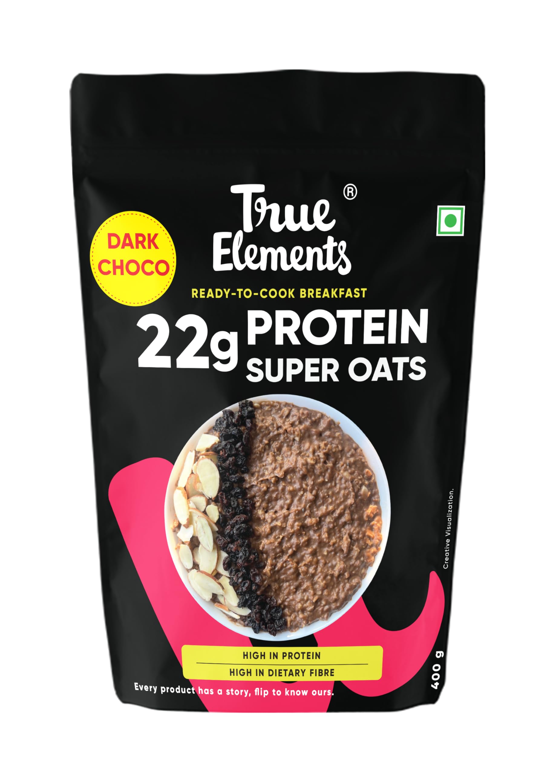 True Elements Protein Oats 400gm - Dark Chocolate Oats | Super Oats with 21g Plant Protein | Protein Rich Breakfast