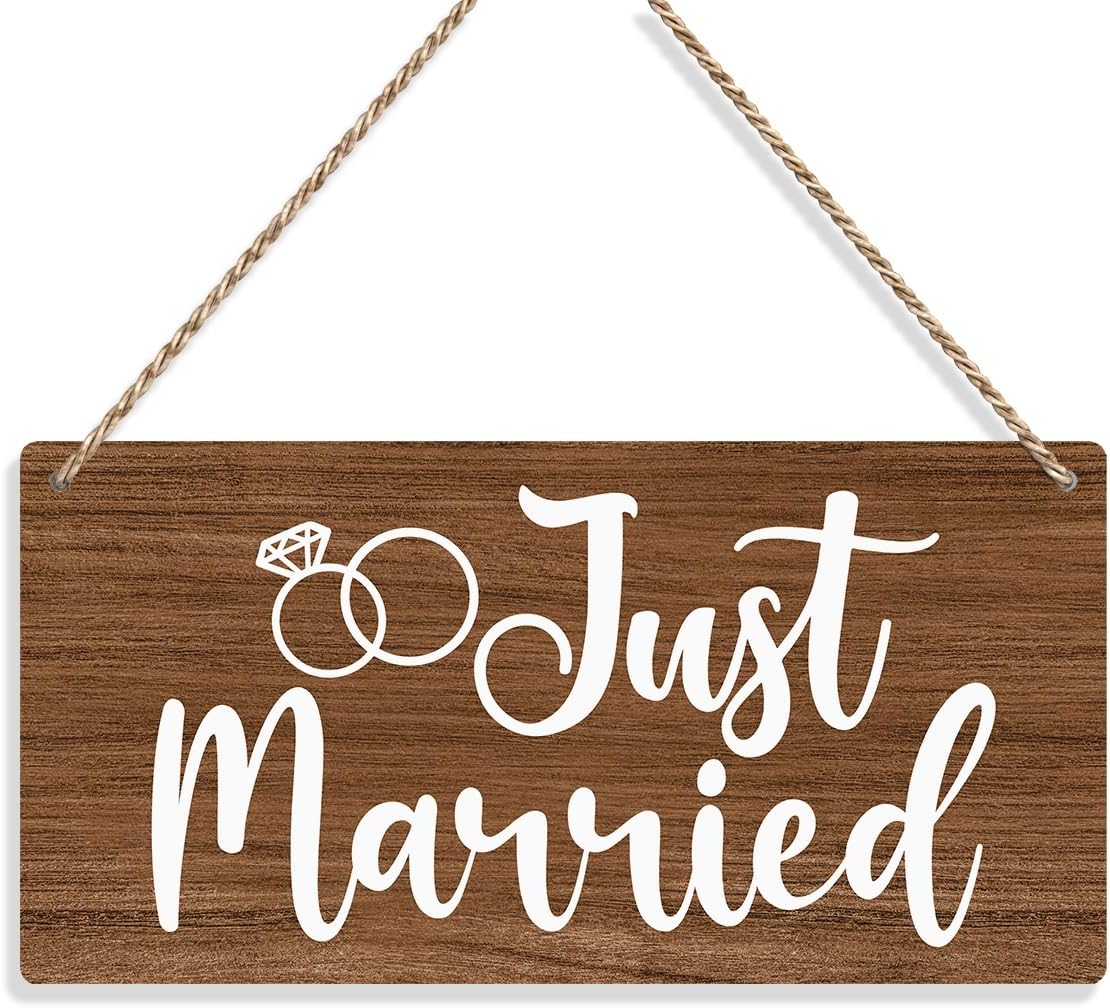 Rustic Just Married Sign Wall Hanging Just Married Decorations Wedding Accessories Stuff Wedding Decorations for Reception Engagement Wedding Party Wall Art Decor Wooden Sign for Porch Front (Brown)