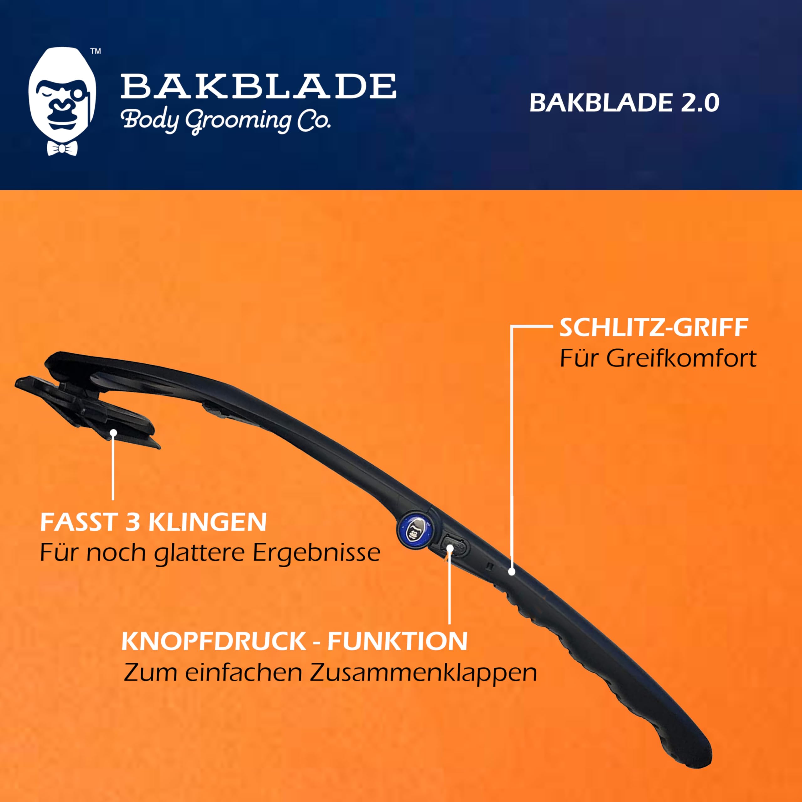 BaKblade 2.0 Back Shaver, Rückenrasierer und Körperrasierer für Männer Idealer Herren-Rasierer für einen Glatten Rücken Inkl. 2 Rasierklingen