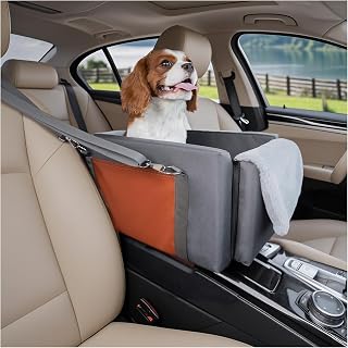 Avont Center Console Dog Car Seat with Double Protection Seat Belts, Armrest Middle Console Booster Travel Carrier for Small Dogs Cats with Storage Pockets, Well-Cushioned, Anti-Anxiety -Dark Grey