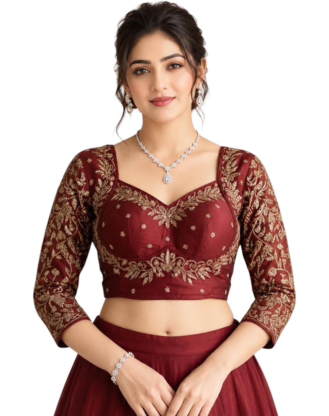 Red Embroidered Silk Blend Blouse for Women, Ethnic V-Neck Loge Sleeve Stylish Top, Traditional Indian Festival, Lightweight Cotton Blend | Ready Size 38 (Alterable 36-40)-image-4