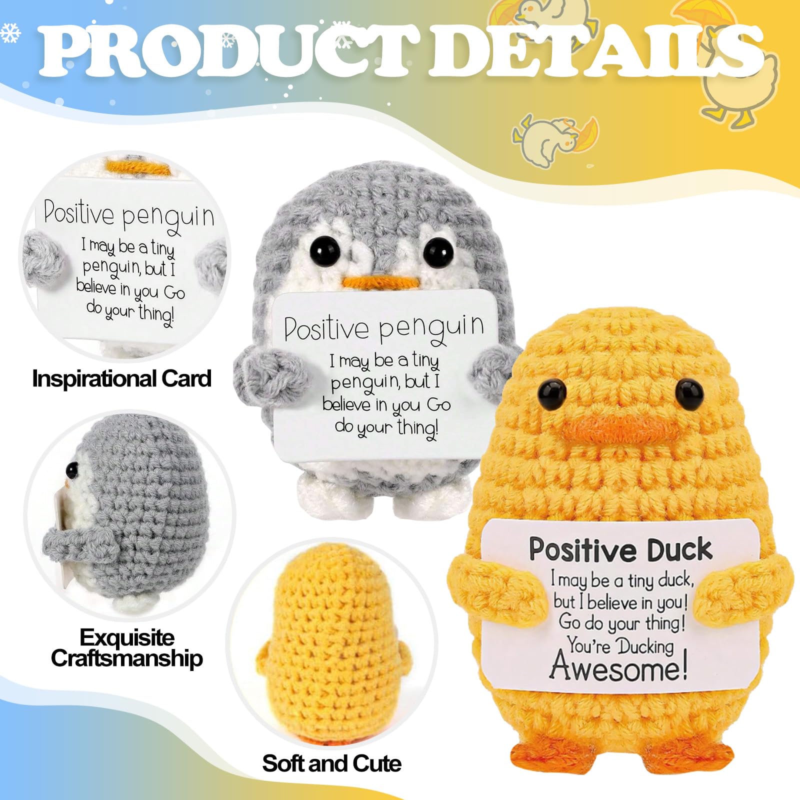 Emotional Support Penguin & Funny Duck Crochet, 2PCS Pocket Hug Dolls Set with Positive Cards, Cute Duck Plush Knitted Decor, Leaving Gifts Good Luck Gifts for Adults Kids Colleagues Graduation - Image 3