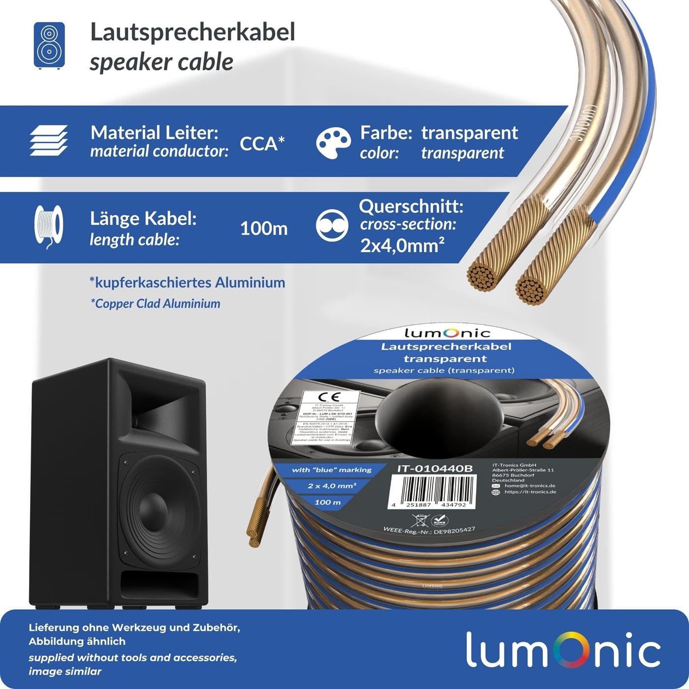 Lumonic Cavi per altoparlanti | 100m Trasparente | 2x 4mm² CCA | Marcatura blu Cavo per diffusori HiFi | Linea audio doppia