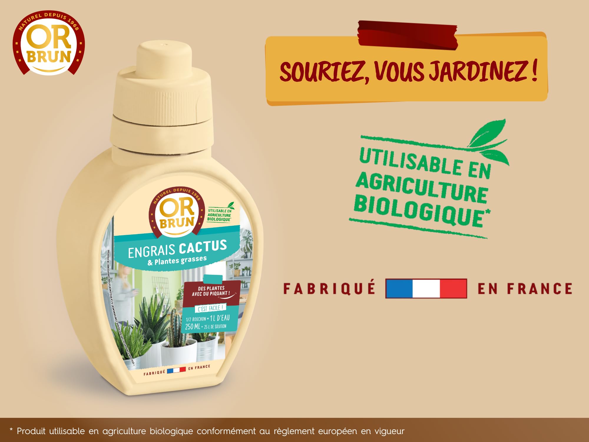 OR BRUN Engrais Cactus & Plantes Grasses - 250ml - Enrichit Les Plantes - Fabriqué En France - Utilisable En Agriculture Biologique OBRECLCACTUS250