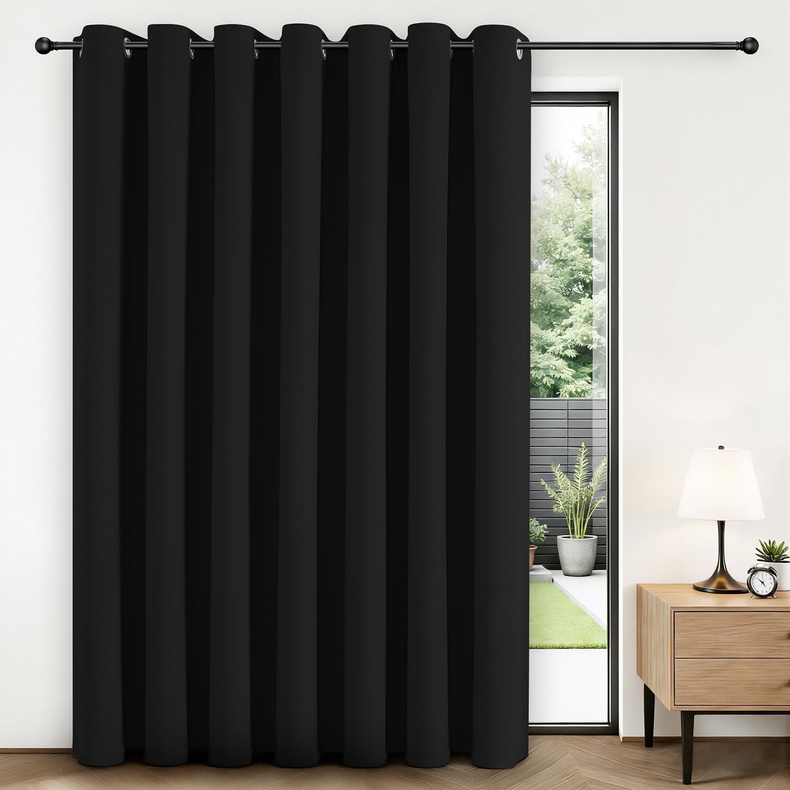 Joydeco Blackout Patio Sliding Door Curtains 84 Inches Long, Grommet Privacy Room Divider Curtains, Extra Wide Thermal Blackout Drapes for Bedroom Living Room (Black, 100Wx84L, 1 Panel)