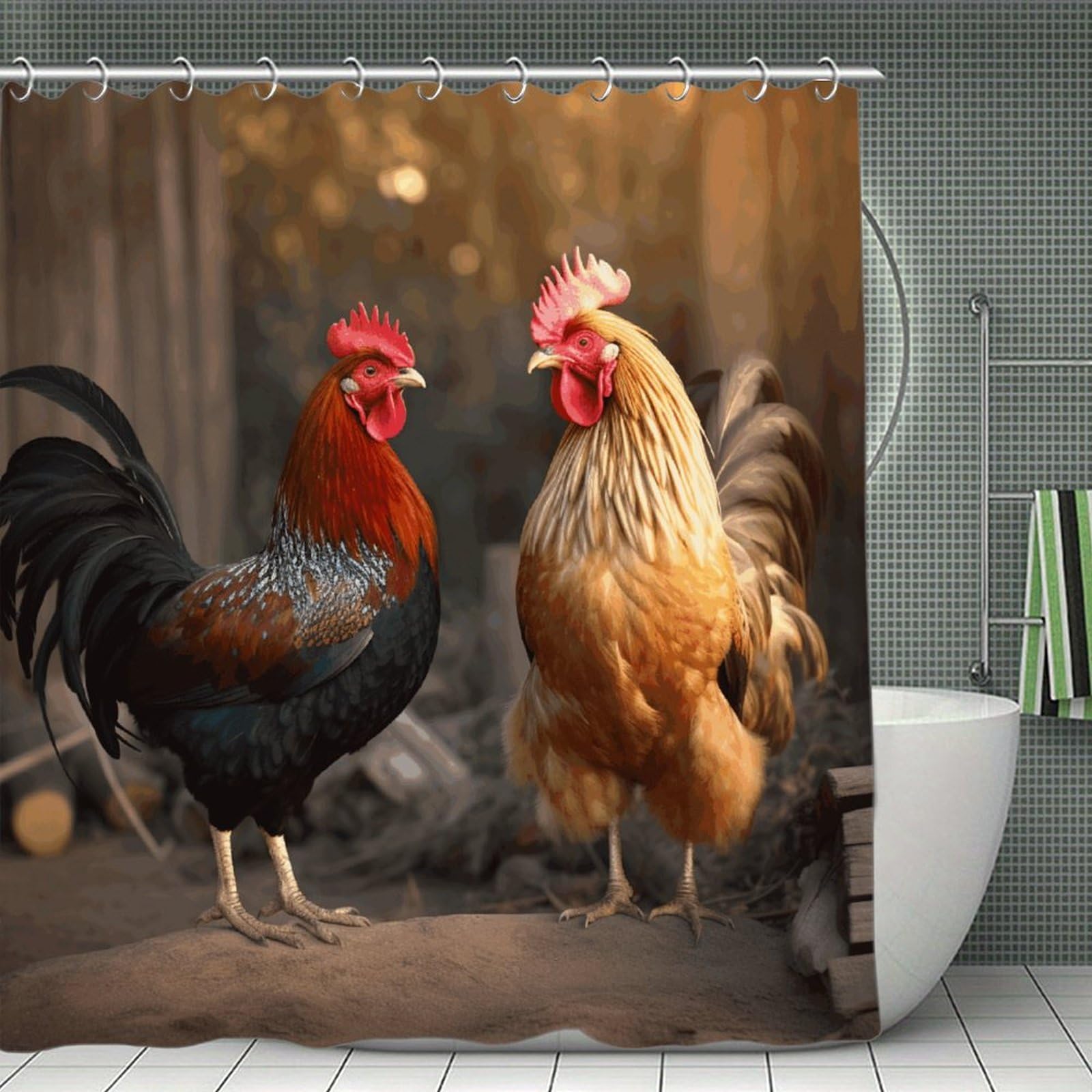 VstaDank Rooster and Chicken Shower Curtain Waterproof Bathroom Curtain with Hooks Luxury Weighted Bath Curtains for Bathtubs Showers Room Dividers Decorative Shower Curtains 71x71 in