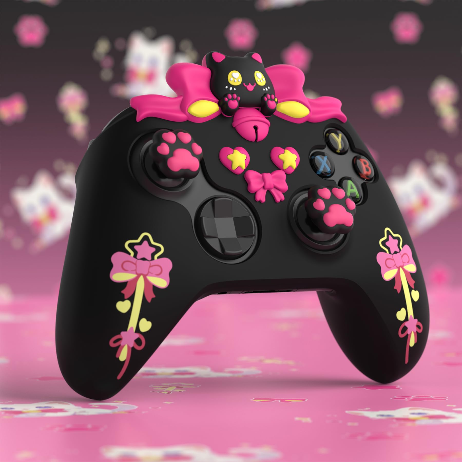 playvital Cover Silicone per Xbox Series X S Joystick,Custodia Controller Skin Antiscivolo Protettiva&6 Copri Levette Analogiche-Gattino Carino-Nero