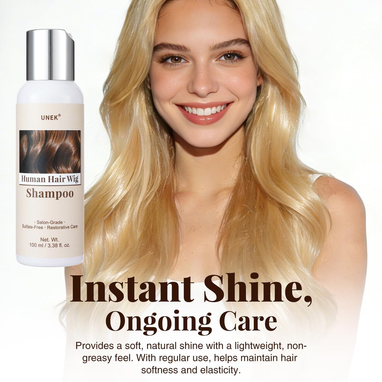 UNEK Champú para extensiones y pelucas de cabello natural: limpia, desenreda y suaviza, aporta brillo y volumen con sensación refrescante, para pelucas, extensiones, uniones y tupés, 100 ml