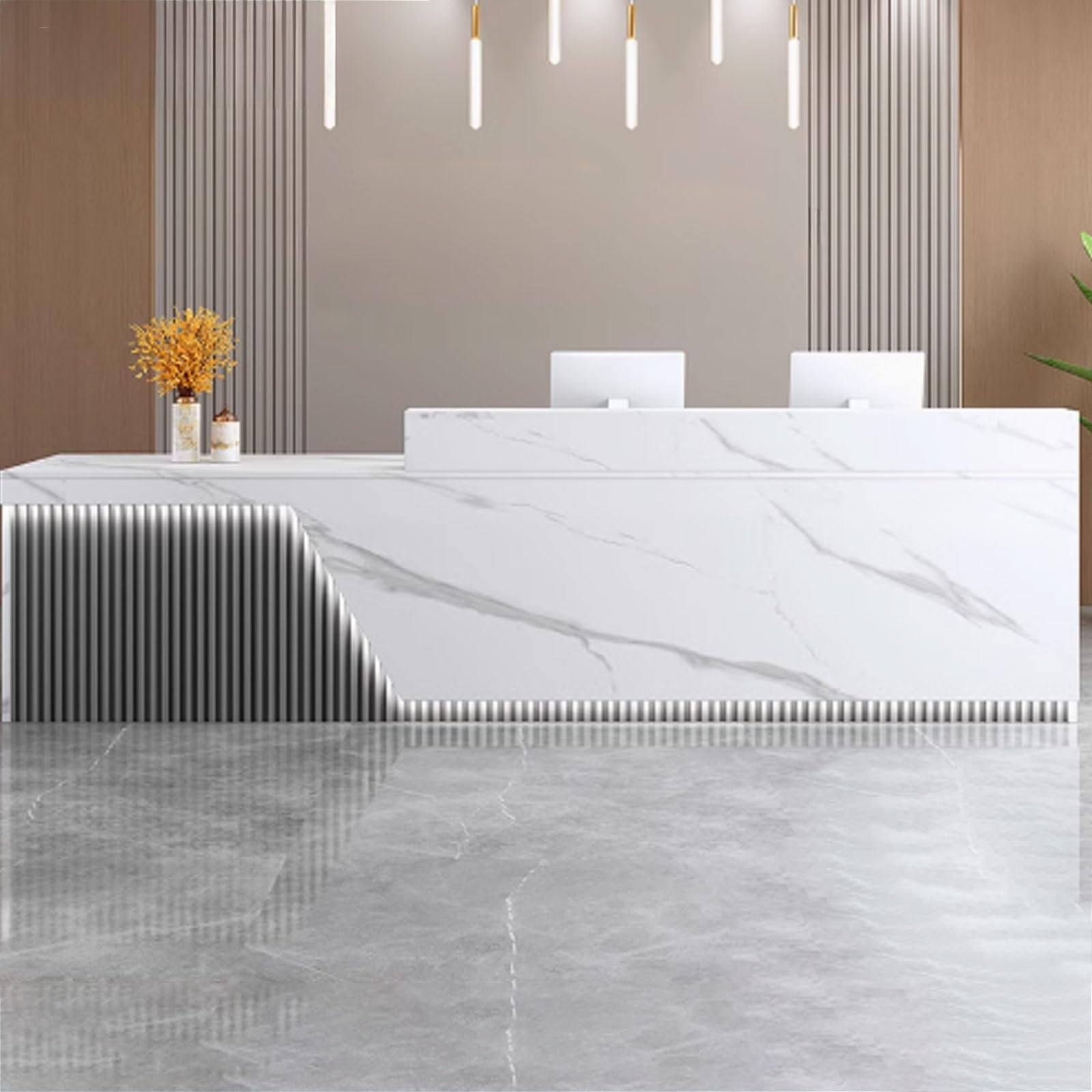 Salon-Empfangstisch mit weicher LED-Beleuchtung und Aufbewahrung, Mehrzweck-Fronttheke für Supermärkte, Bekleidungsgeschäfte, Restaurants, Büro, weiße Textur, dunkelgraue Oberfläche