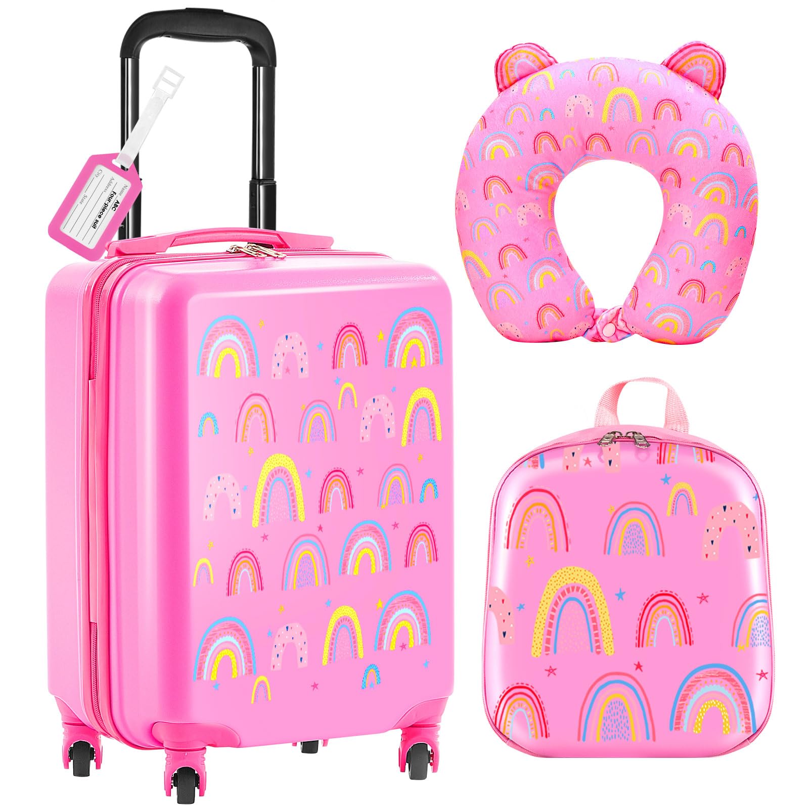Sanwuta 4 Pcs Kids Luggage Set Backpack Travel Rolling Suitcase U-shape Pillow Christmas Children Gift for Girls Boys(20 Inch,Rainbow Style,Pink)