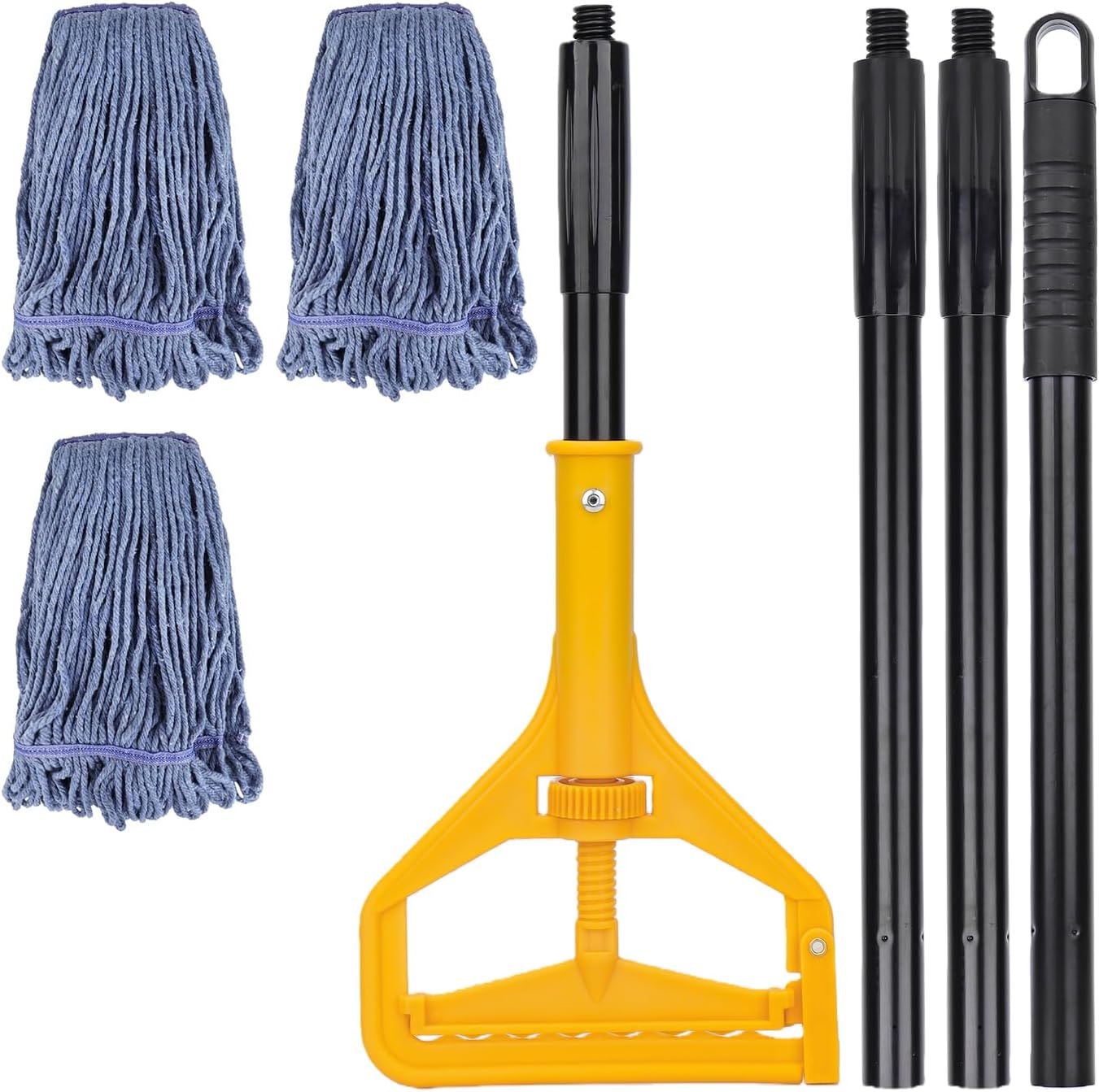 Commercial Heavy Duty Mop Heads Replacement for Rubbermaid with Long Handle - 3 Packs Industrial Wet Mop Head with Handle for Floor Cleaning - Commercial Products Looped End String Head Refills
