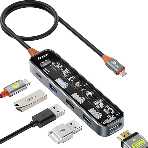 Aceele Divisor de concentrador USB C, cable de 11.8 in de largo 5 en 1 tipo C a HDMI Hub Dongle, puerto USB 3.0, 2 puertos USB 2.0 y PD de 100 W,