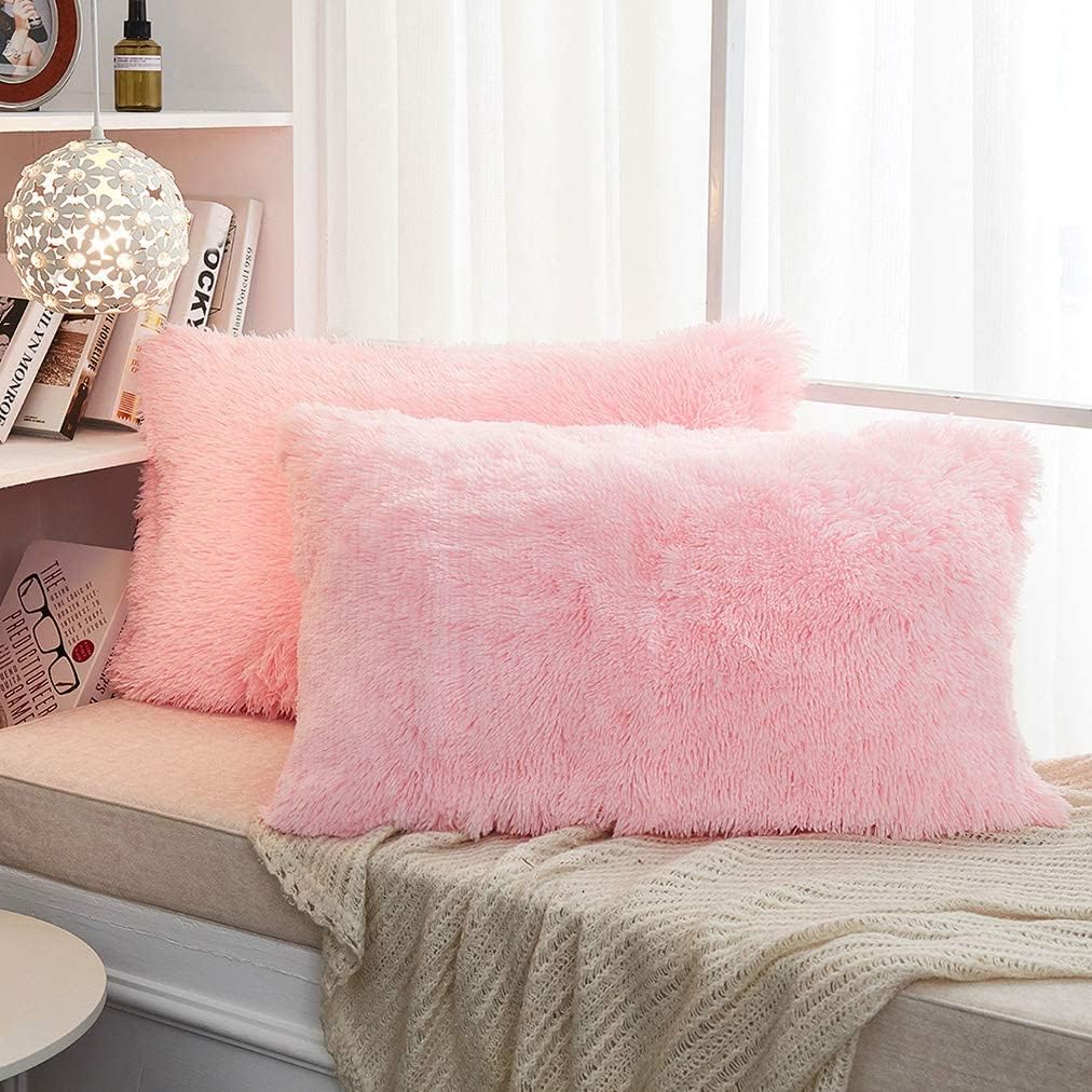 PICKKART Set of 2 Fur Cushion Pillow Cover- 22x16 Inches/ 55x40 CM (Baby Pink)-image-4