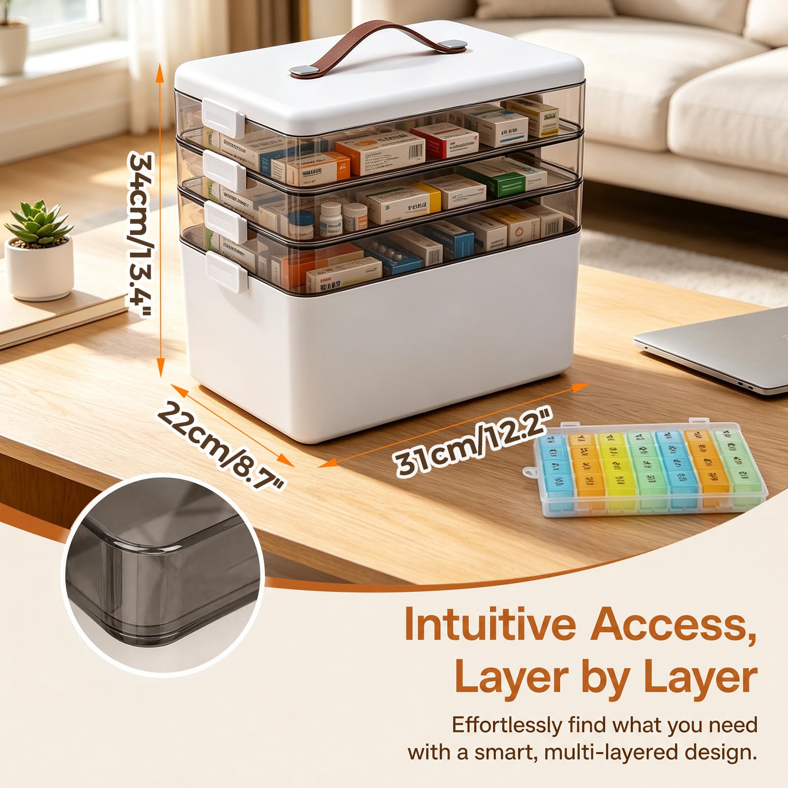 Contenitore per medicinali a 4 piani, grande, 34 x 31 x 22 cm, con maniglia per il trasporto, organizer per medicinali con vassoio rimovibile, scatola vuota in plastica di primo soccorso per casa