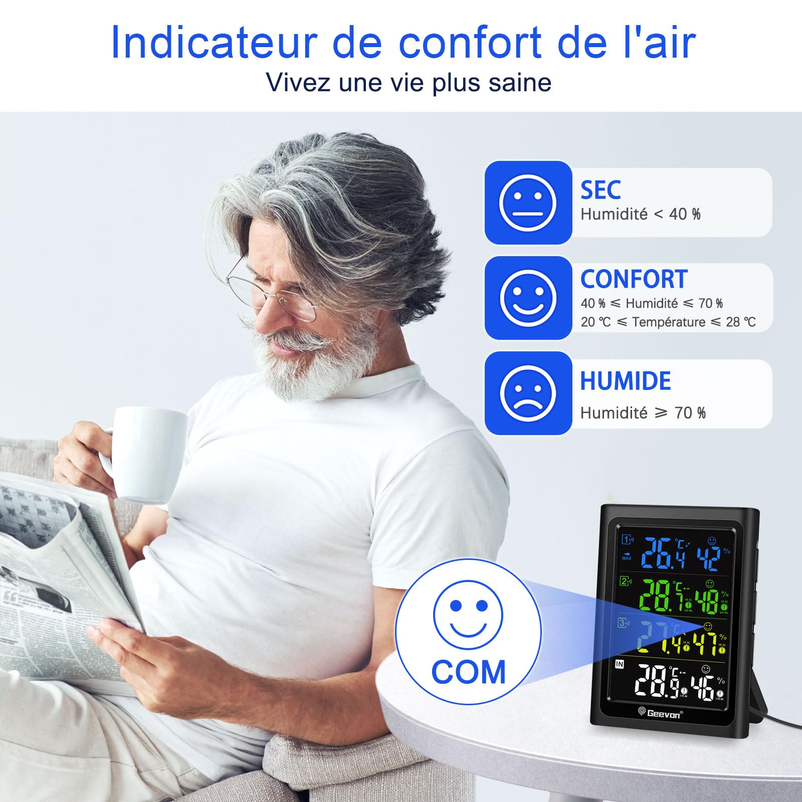 Geevon Thermomètre intérieur extérieur sans fil avec 3 capteurs à distance, hygromètre électronique, jauge de température avec portée de 60m Conditions sans obstruction