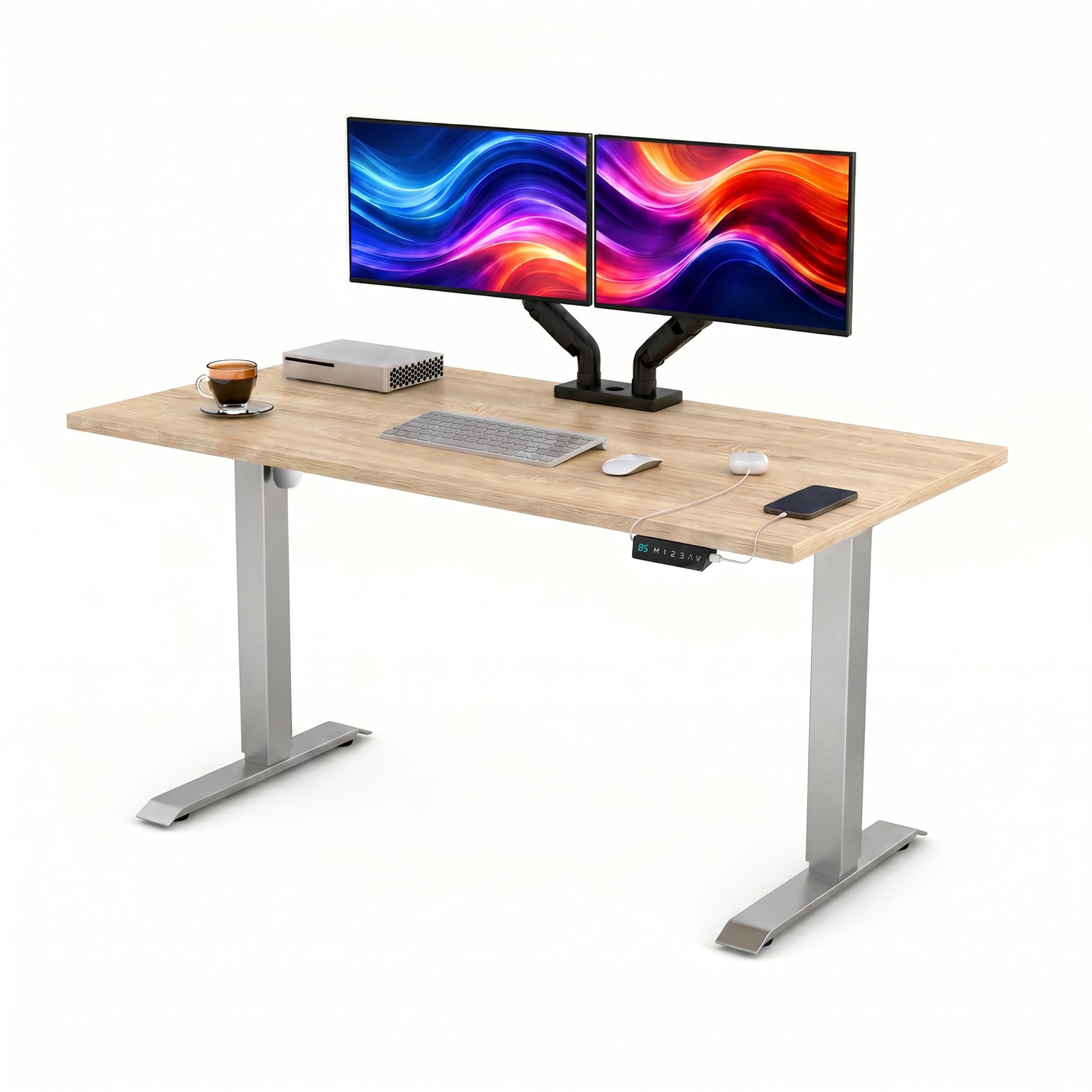 POKAR Bureau Assis Debout Électrique 120x70 cm | Plateau Massif 25mm | Panneau à Mémoire avec USB-C et USB-A | Bureau Réglable en Hauteur pour Télétravail | Cadre Argent, Plateau Chêne Sonoma