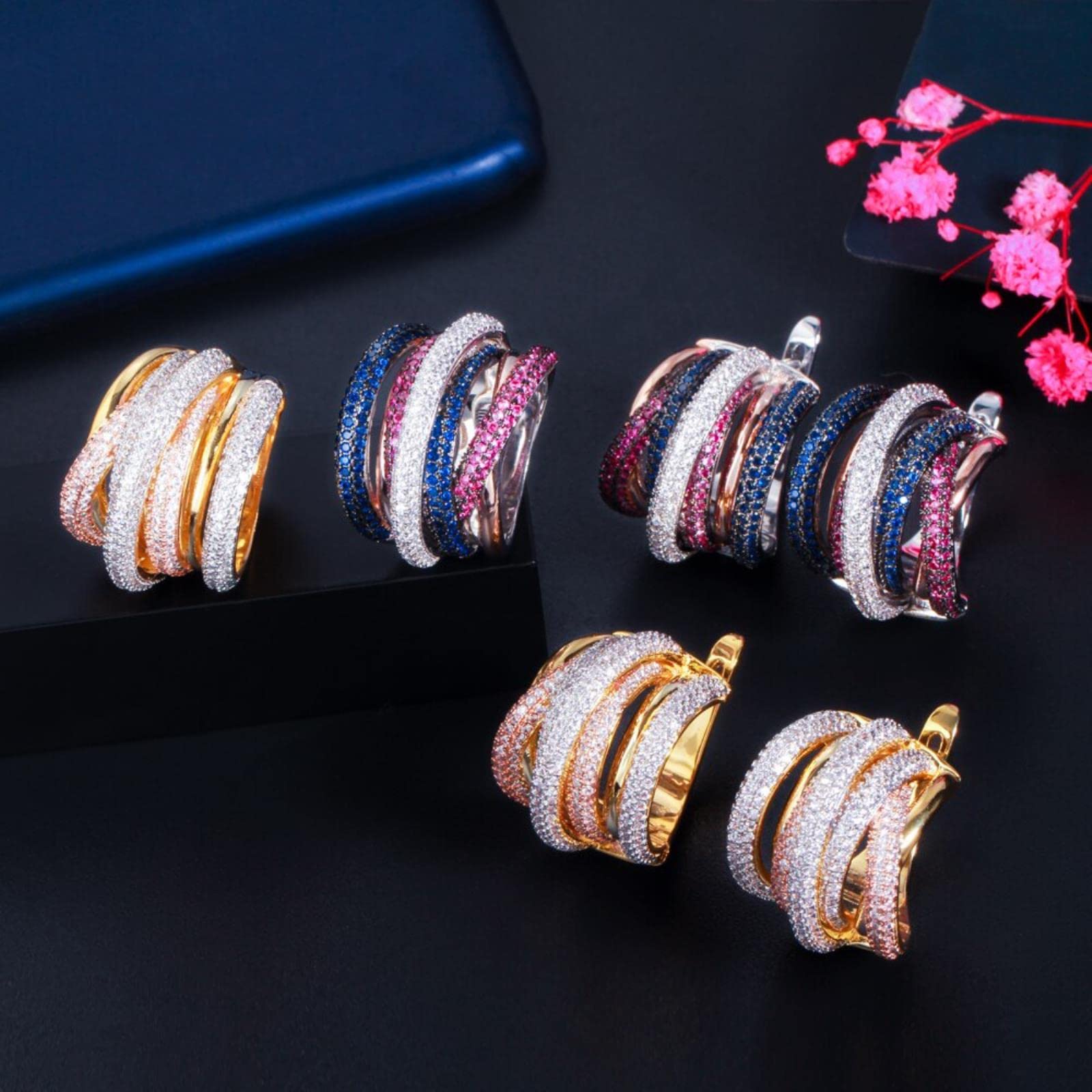 Zirconi Twist Intrecciato Multicolor Cubic Zirconia Donna Festa Nuziale Grande Orecchino A Cerchio E Anello Gioielli Di Moda